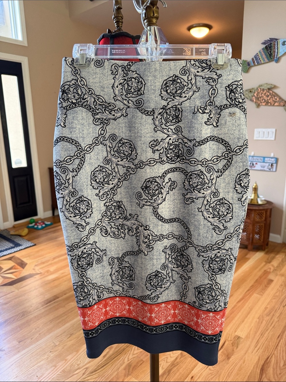 Thalia Sodi Black & White Chain-Print Pencil Skirt with Coral Border